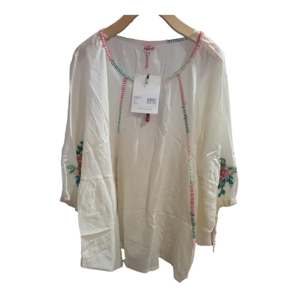 Johnny Was Cotton Embroidered Poncho Top With Tassles Size Medium NWT
